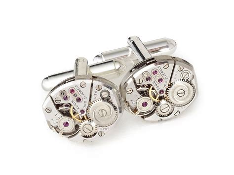 Steampunk Cuff Links Antique Silver Elgin Oval Watch Movements Gears