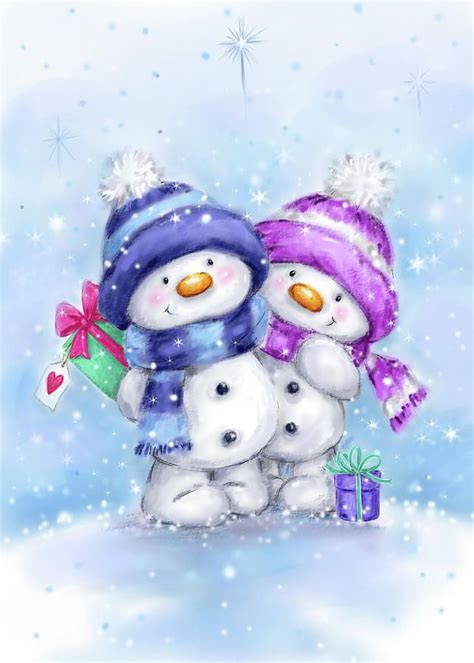 Two Snowmen 2 By Makiko Christmas Paintings Christmas Drawing