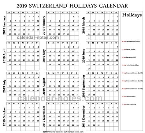 Switzerland 2019 Calendar With Holidays Qualads