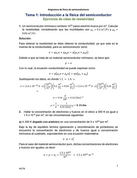 Ejercicios de clase Tema Resistividad Asignatura de física de semiconductores MLTN Tema