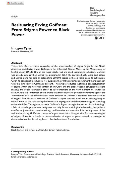 Pdf Resituating Erving Goffman From Stigma Power To Black Power