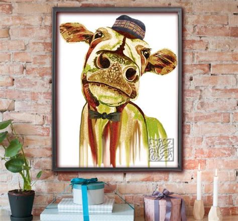Funny Cow Painting With Tartan Hat And Bow Tie Plain And Etsy Uk