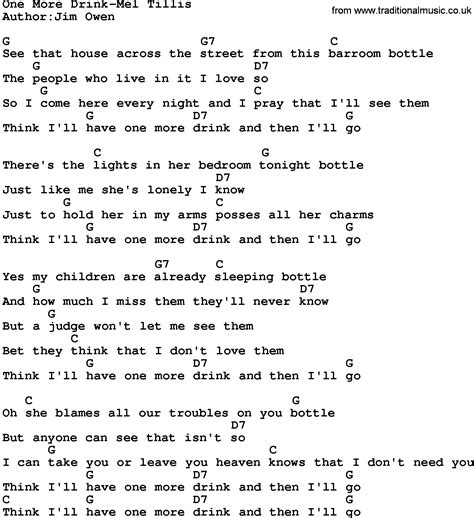 Country Music:One More Drink-Mel Tillis Lyrics and Chords