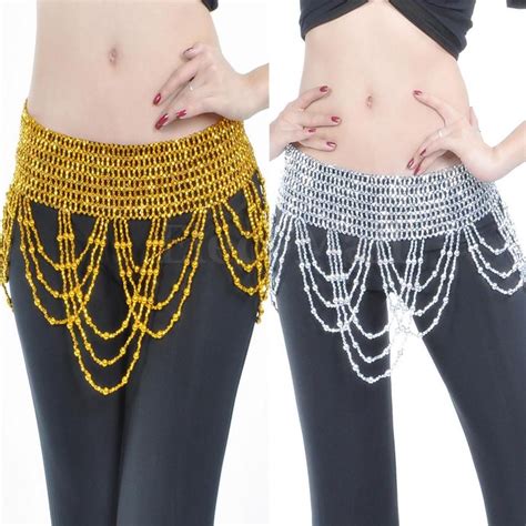 Belly Dance Costume Hip Scarf Bead Elastic Belt Wrap Dancer Skirt Goldensilver Unusual