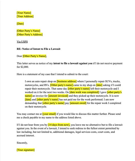 Sample Intent To Sue Letter Free Template