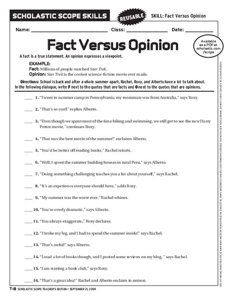 Fact vs opinion worksheets teaching children to differentiate between facts and opinions is a very important reading strategy. Fact Versus Opinion Worksheet for 6th - 9th Grade | Lesson ...