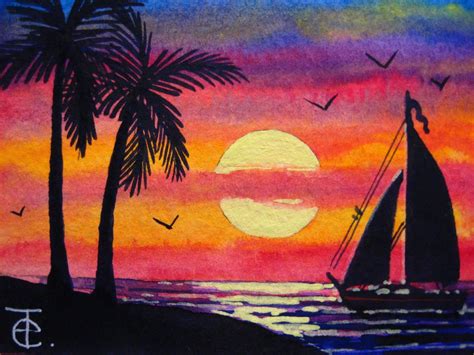 Aceo Watercolor Painting How To Paint Ocean Sunset With Palm Trees