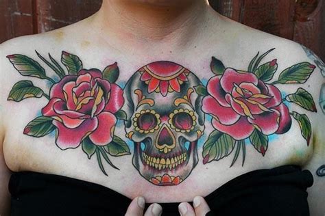 Tattoos By Stefan Johnsson Skull And Roses On Chest Chest Tattoos For Women Chest Piece