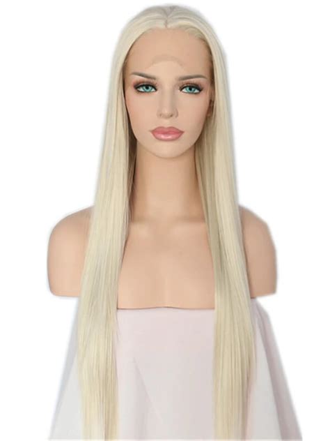 Long 613 Platinum Blonde Straight Synthetic Lace Front Wig