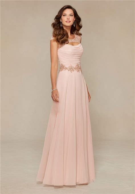 Sheath Front Cut Out Long Blush Pink Chiffon Beaded Mother Of The Bride