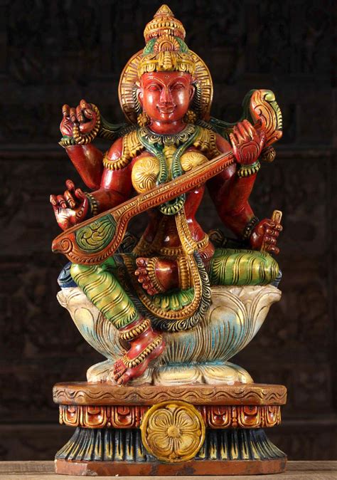 Sold Wooden Saraswati Playing The Veena 24 96w1ad Hindu Gods