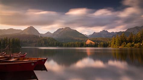 Red Boat On A Mountain Lake Wallpapers And Images Wallpapers