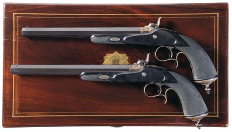 Cased Pair Of J Boussart Liegoise Percussion Dueling Pistol Rock