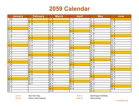 2059 Calendar On 2 Pages Landscape Orientation