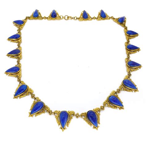 Vintage Art Deco Czech Lapis Blue Glass Ornate Panel Necklace Clarice