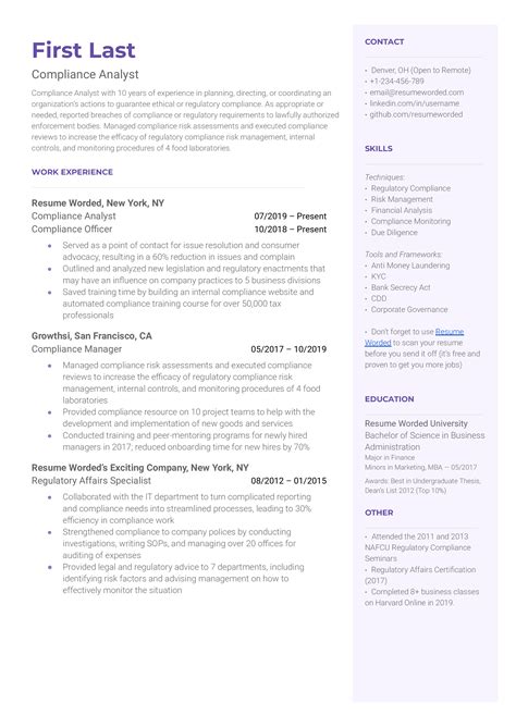 Compliance Cv Examples For Resume Worded