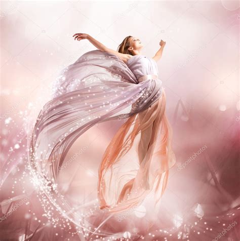 Fairy Beautiful Girl In Blowing Dress Flying Magic Stock Photo By