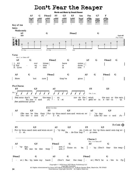 Don't Fear The Reaper by Blue Oyster Cult - Guitar Lead Sheet - Guitar