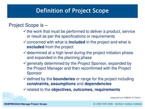 Create or download simple project scope statement template with example to understand how to a project scope statement is written by the project manager to post the project charter and this project scope document template provides a basic understanding of the project scope, including the. PPT - Definition of Project Scope PowerPoint Presentation ...