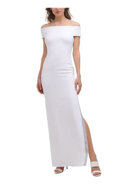 Calvin Klein Womens White High Leg Slit Lined Short Sleeve Formal Gown