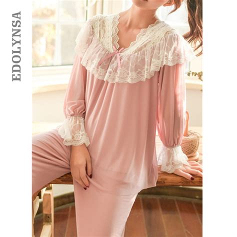 2019 Vintage Lace Ruffled Long Sleeve Pajama Set Women Night Wear Home Suit Retro Sleepwear