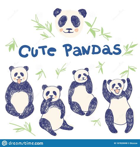 Set Of Hand Drawn Cute Pandas With Bamboo Leaves And Lettering Stock
