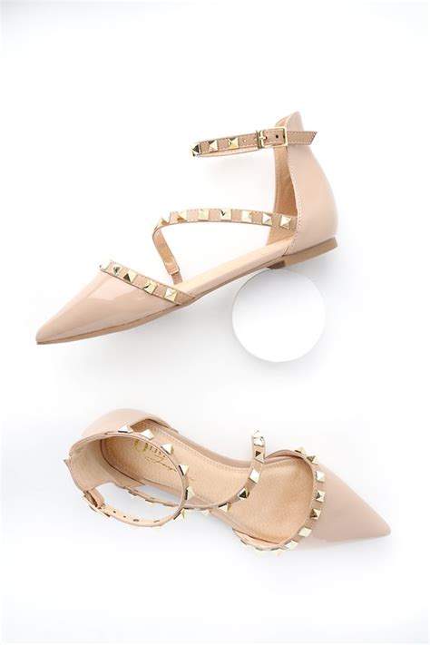 Chic Nude Patent Flats Studded Flats Pointed Toe Flats Lulus