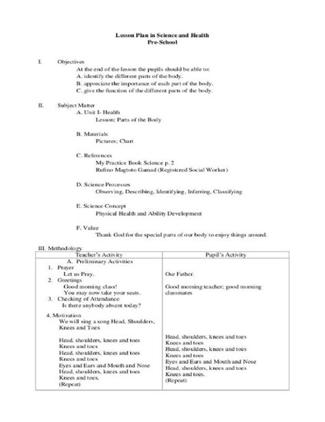 Semi Detailed Lesson Plan Parts Of The Body Elementary Lesson Plans