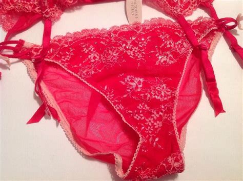 Victorias Secret Just Kissed Red Pink Lace Garter Panty Stockings Set Xss 3pcs Ebay