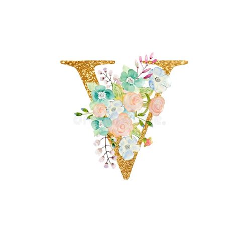 Watercolor Floral Bouquet And Alphabet Gold Letter V With Flowers