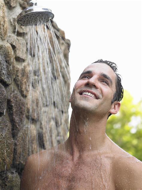 Happy Man Having Shower Outdoors Stock Image Image Of Relax Activity