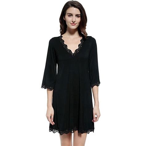 Womens Black Cotton Nightgown Soft V Neck Lace Sleep Shirt Dress Short Black Ci186k075o5