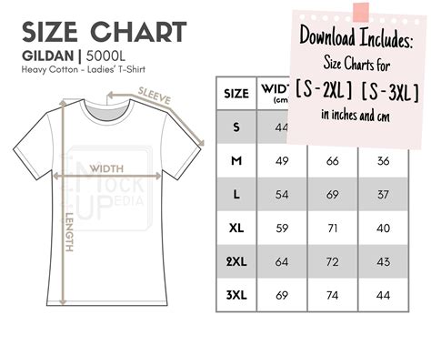Gildan 5000l Ladies T Shirt Size Chart Inchescm Digital Etsy
