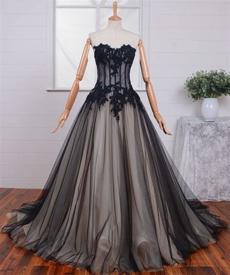 Ball Gown Strapless See Through Black Tulle Lace Beaded Corset Prom Dress