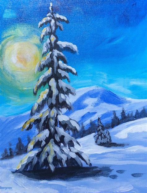 A Painting Of A Snow Covered Pine Tree In The Middle Of A Snowy