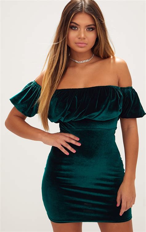 Emerald Green Velvet Ruffle Top Bardot Bodycon Dress Prettylittlething Usa