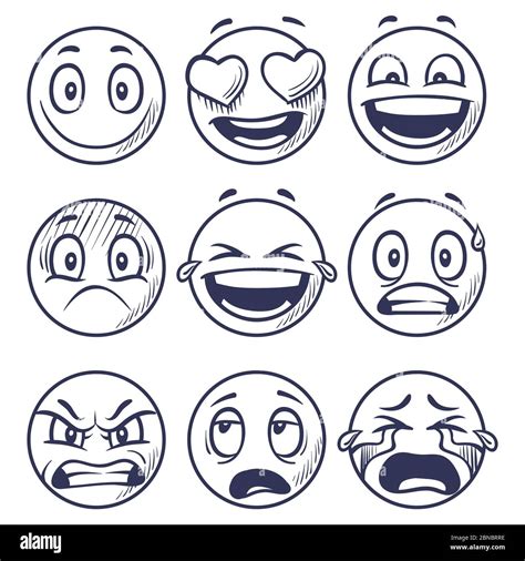 Sketch Smiles Doodle Smiley In Different Emotions Hand Drawn Smiling Faces Emoticons Vector