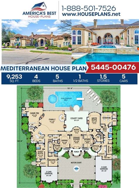 House Plan 5445 00476 Mediterranean Plan 9253 Square Feet 4