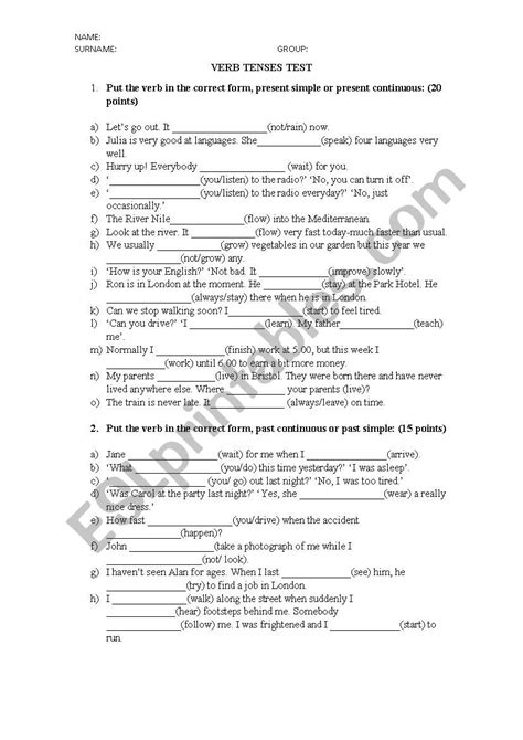 Verb Tenses Test And Review Esl Worksheet By Dasaan