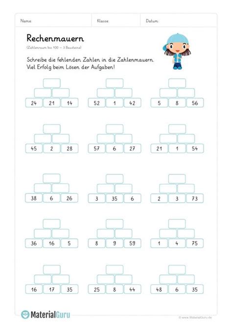 3 zahlenrtsel gesucht die gesuchte meine zahl ist das produkt zahl ist ein vielfaches ist das dreifache aus 3, 10 und 7. Arbeitsblatt: Rechenmauern - 3 Bausteine - Zahlenraum 100 - Einfach | Rechnen, Mathe, Lernen