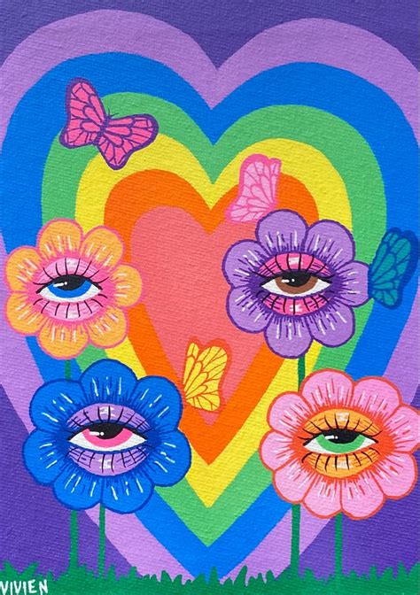 Eye Flowers With Butterflies🦋 Small Canvas Art Hippie Painting Mini