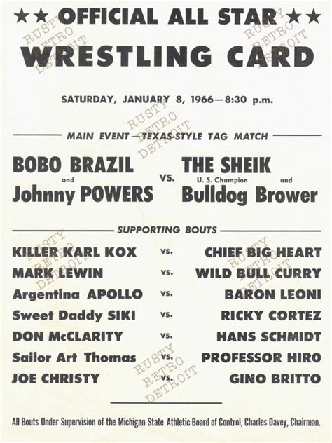 Vintage All Star Wrestling Card Detroit Cobo Arena 1966