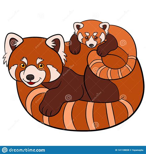 Cartoon Wild Animals Mother Red Panda With Her Cute Baby Stock Vector