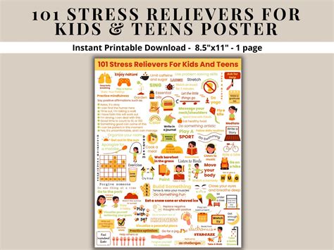 Stress Relief Printable Poster 101 Stress Relievers For Kids And Etsy