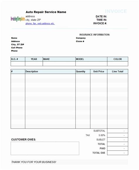 Downloadable Free Printable Auto Repair Invoice Template Printable Templates