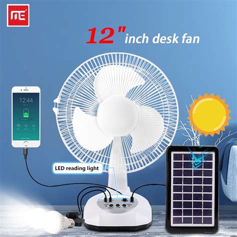 Solar Electric Fan 12inch Rechargeable 2 Led Lights 220v Ac Desktop Electric Fan Outdoor Fan