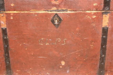 Antique 1800s Wood Trunk Immigrant Chest Red Paint Handmade Hardware