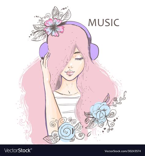 Cute Cartoon Girl Listening To Music On Headphones