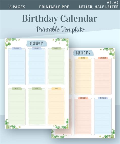 Printable Birthday Calendar Template Birthday List Instant Download