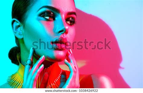 High Fashion Model Woman Colorful Bright Stock Photo 1038426922